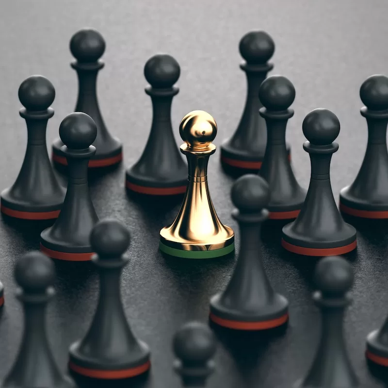 Concept of uniqueness and talent. 3D illustration of black pawns and focus on a golden one. Concept of uniqueness and talent.