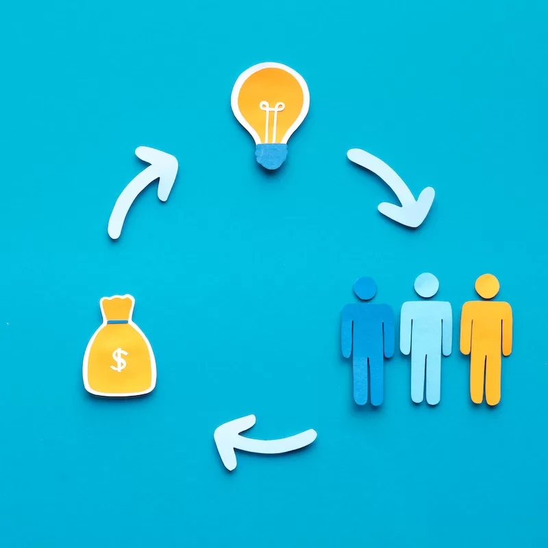 Investors giving money for new idea, closed round Cycle of crowdfunding. Investors giving money for new idea, closed round, copy space